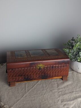 Vintage Carved Wood Keepsake Box | Storybook Cottage Jewelry Chest | Ornate Foot